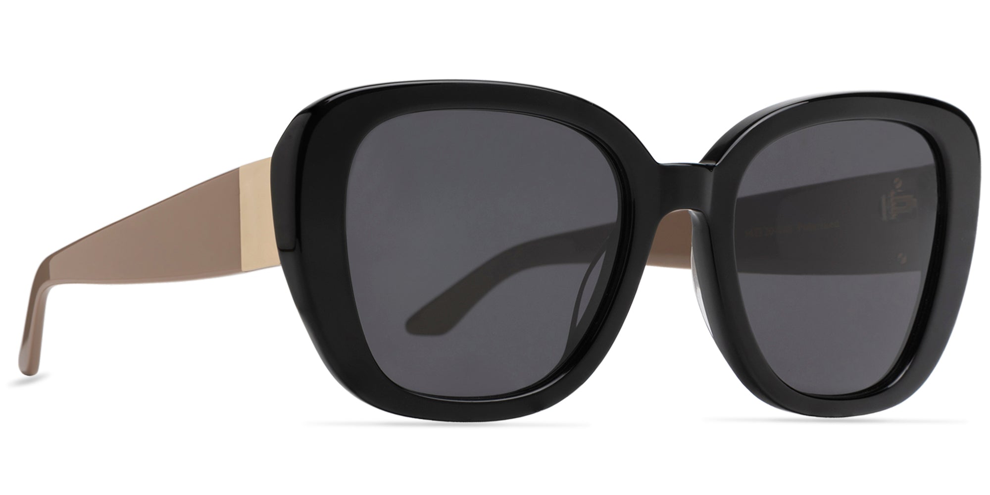 Black sunglasses with dark lenses and a  neutral brown temple and gold embellishment on a white background, front side view