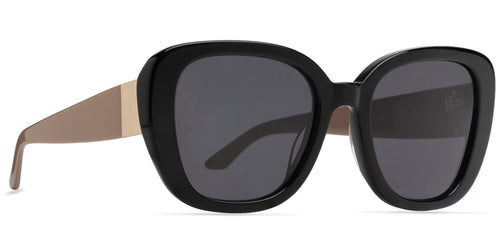 Black sunglasses with dark lenses and a  neutral brown temple and gold embellishment on a white background, front side view
