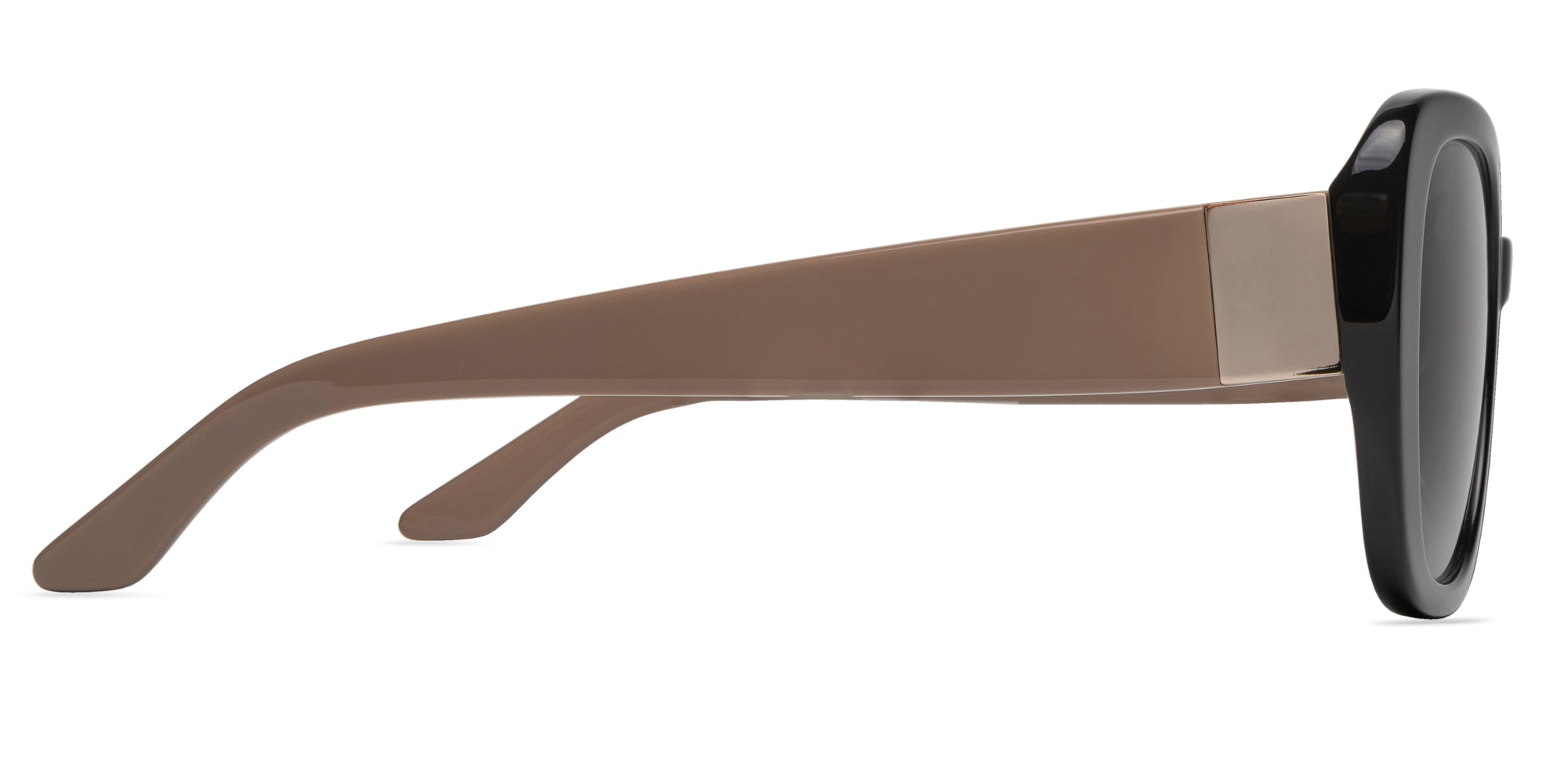 Sunglasses with beige frame and black lenses on a white background side view