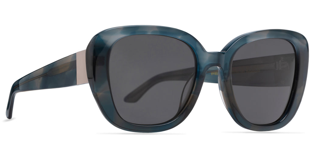Sunglasses with blue tortoiseshell frame and dark lenses on a white background, front side view