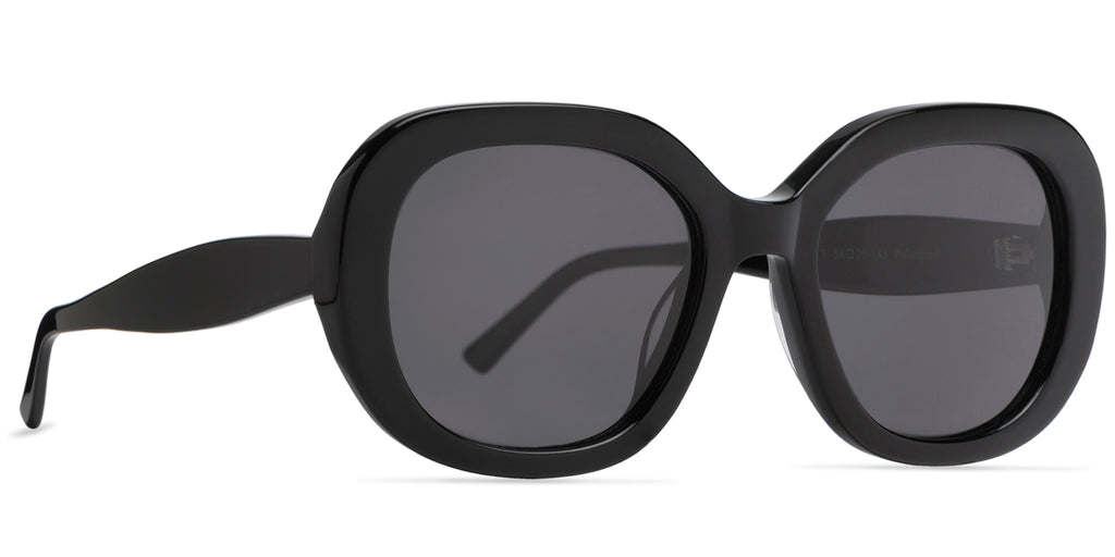 Black sunglasses with dark lenses on a white background front side view