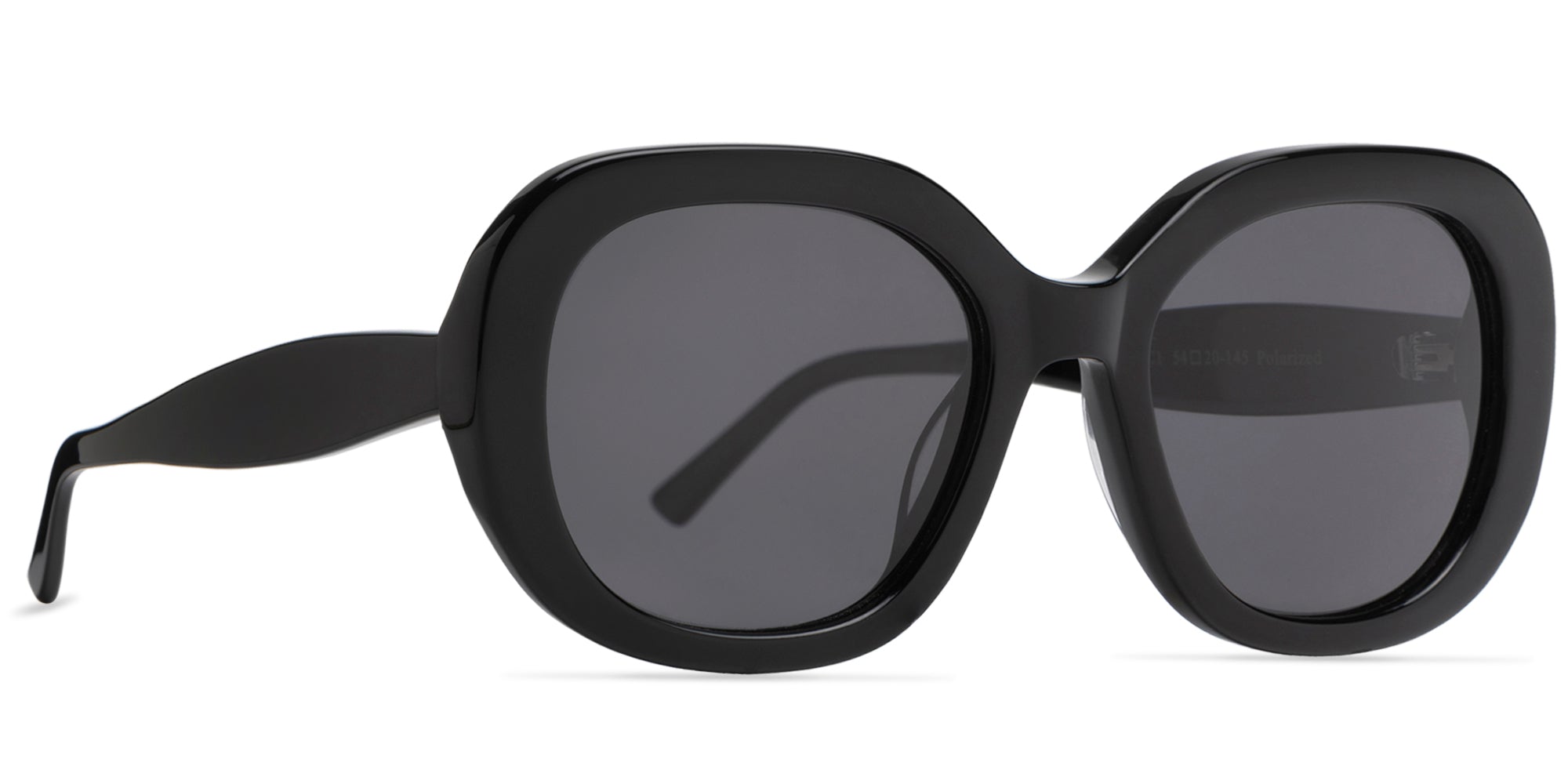 Black sunglasses with dark lenses on a white background front side view
