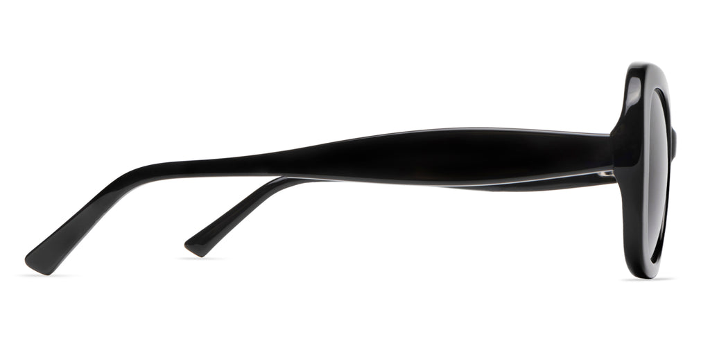 Black round sunglass frame with dark lenses side view