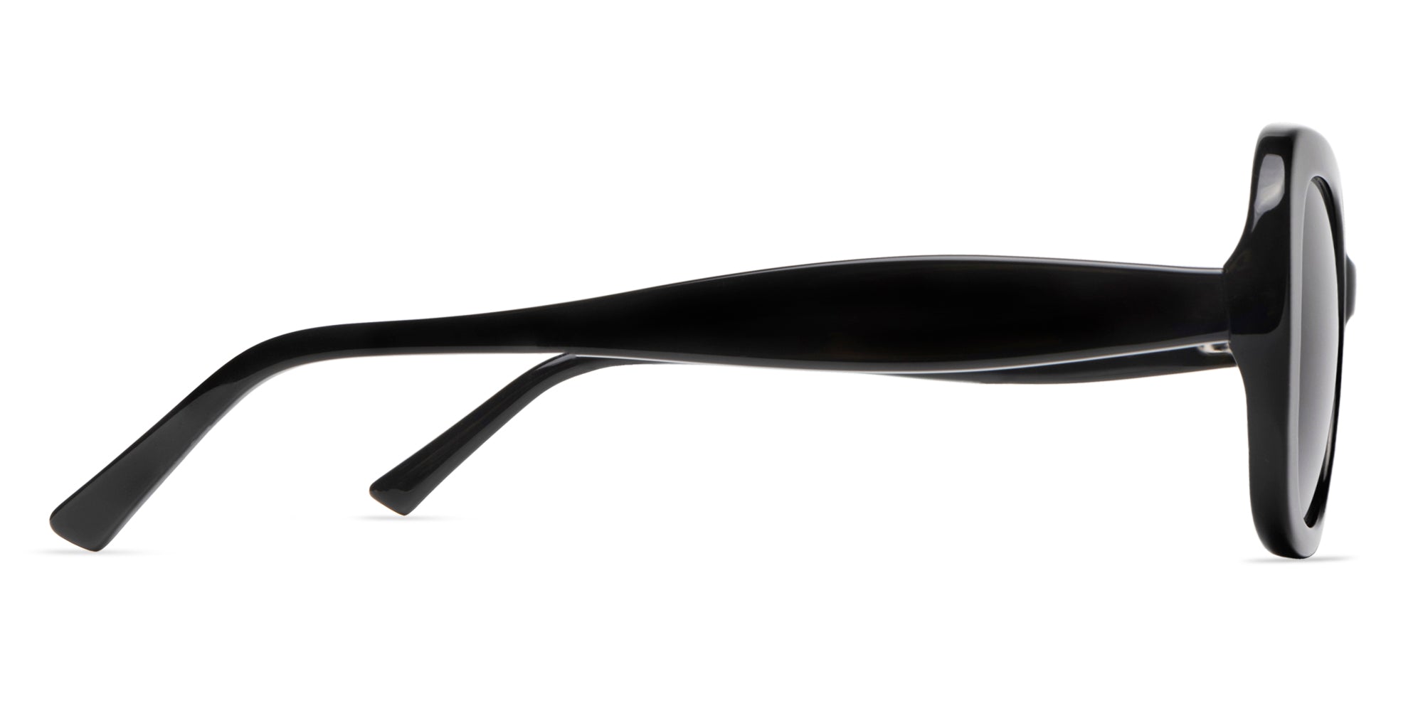 Black round sunglass frame with dark lenses side view