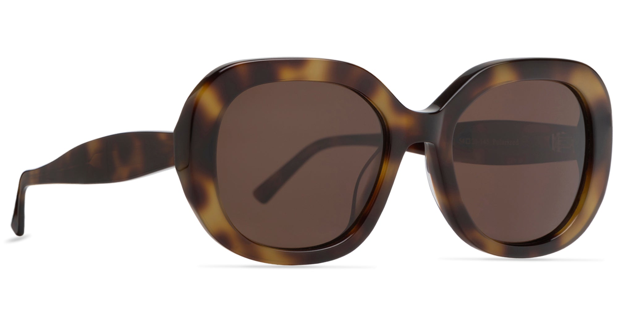 Sunglasses with tortoiseshell frame and dark lenses on a white background front and side view