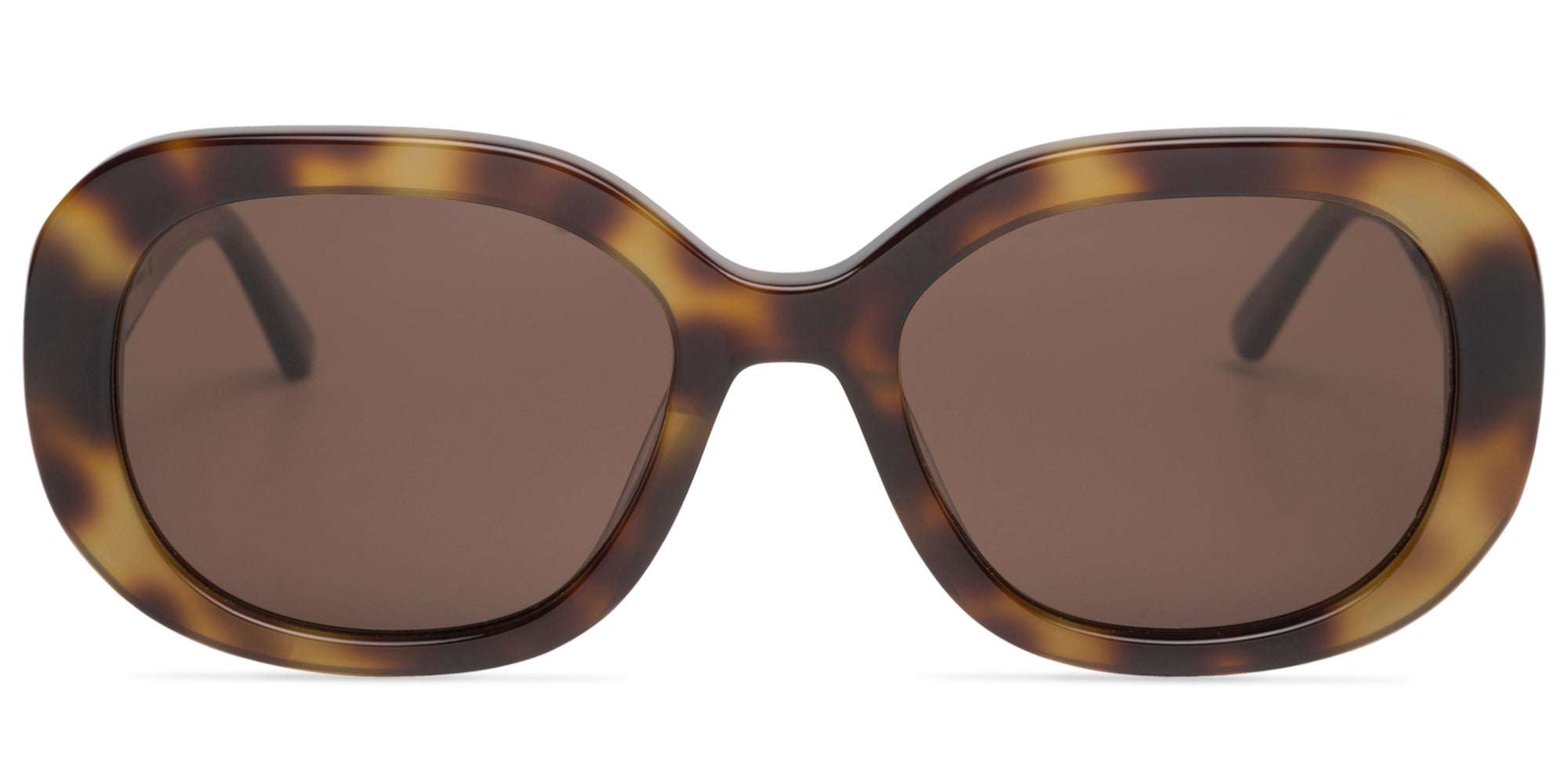Sunglasses with tortoiseshell frame and dark lenses on a white background