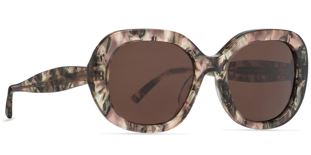 Sunglasses with a green with pink tones tort frame and brown lenses on a white background