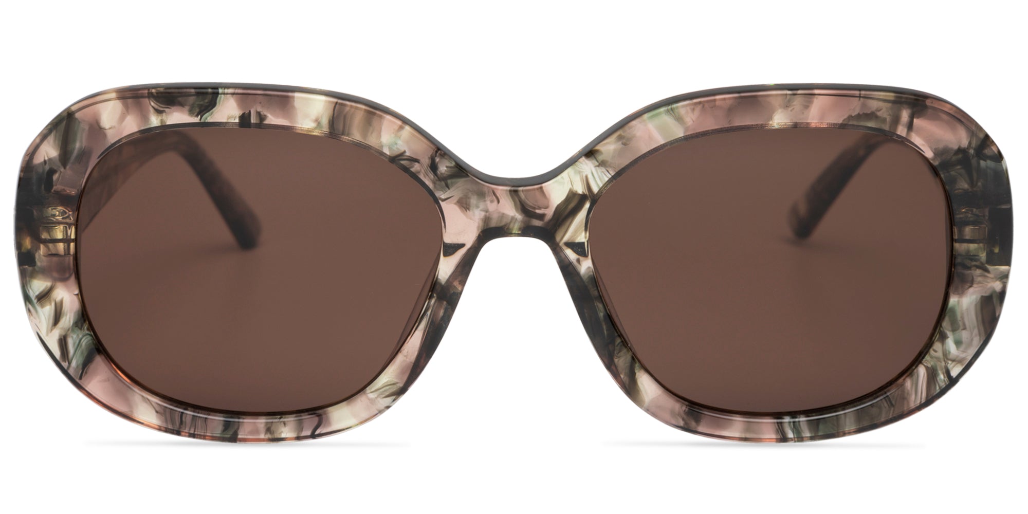 Sunglasses with a green and pink tort frame on a white background