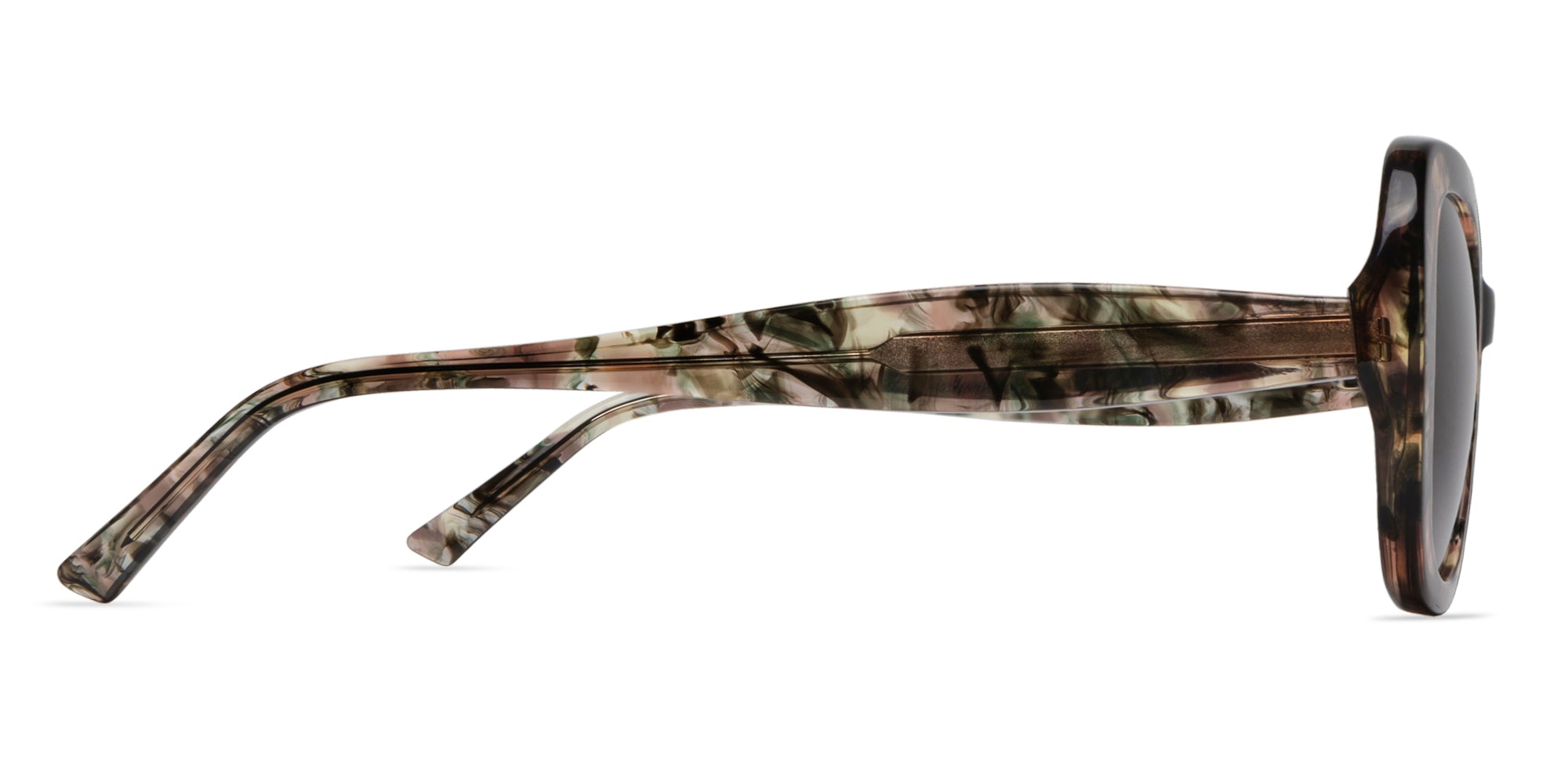 Sunglasses with green and pink tort frame on a white background side view