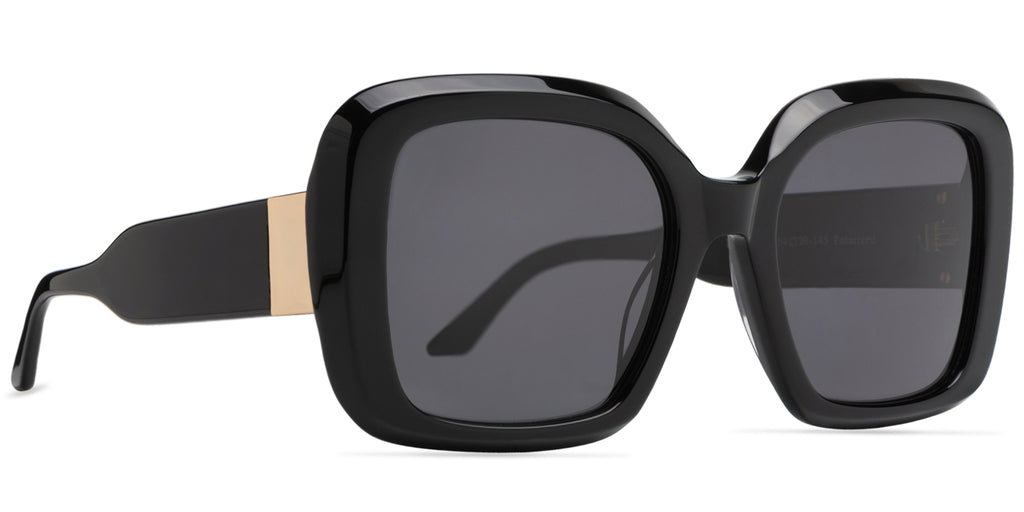 Black sunglasses with a gold accent on a white background