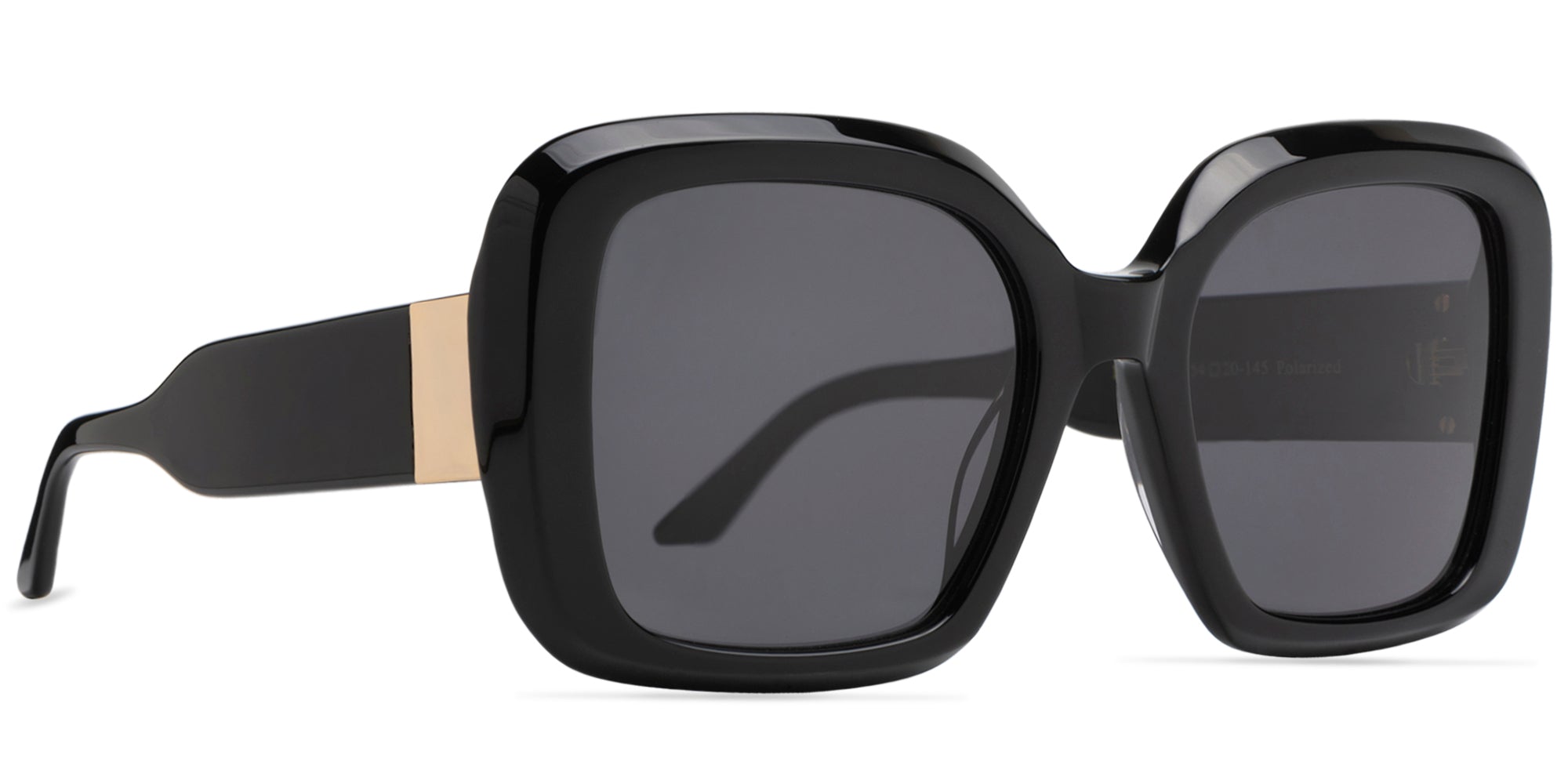 Black sunglasses with a gold accent on a white background