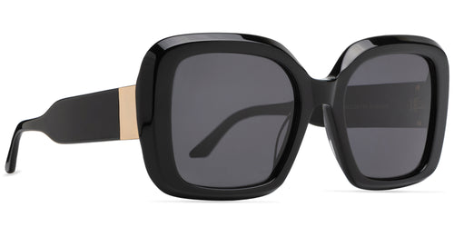 Black sunglasses with a gold accent on a white background