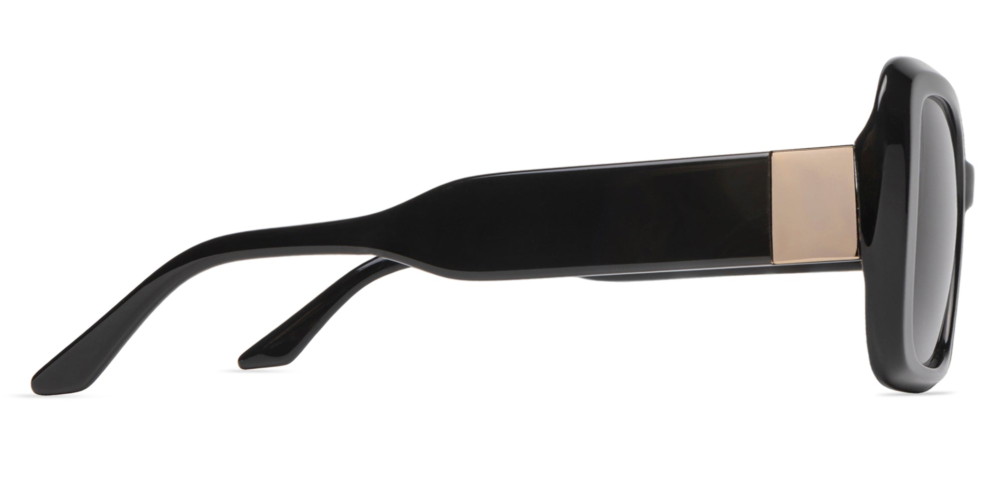 Black sunglasses with a gold accent on a white background side view