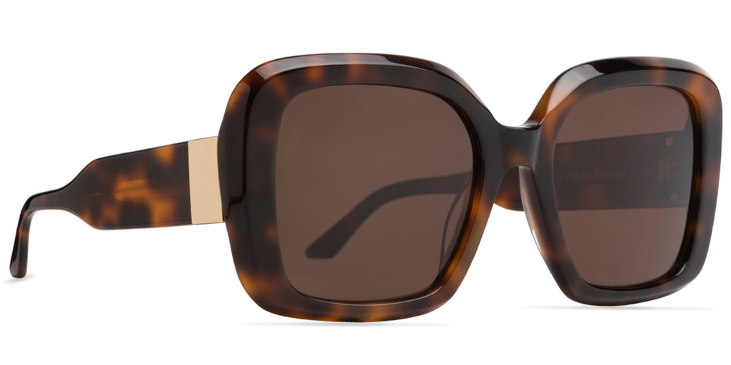Sunglasses with tortoiseshell frame and dark lenses on a white background