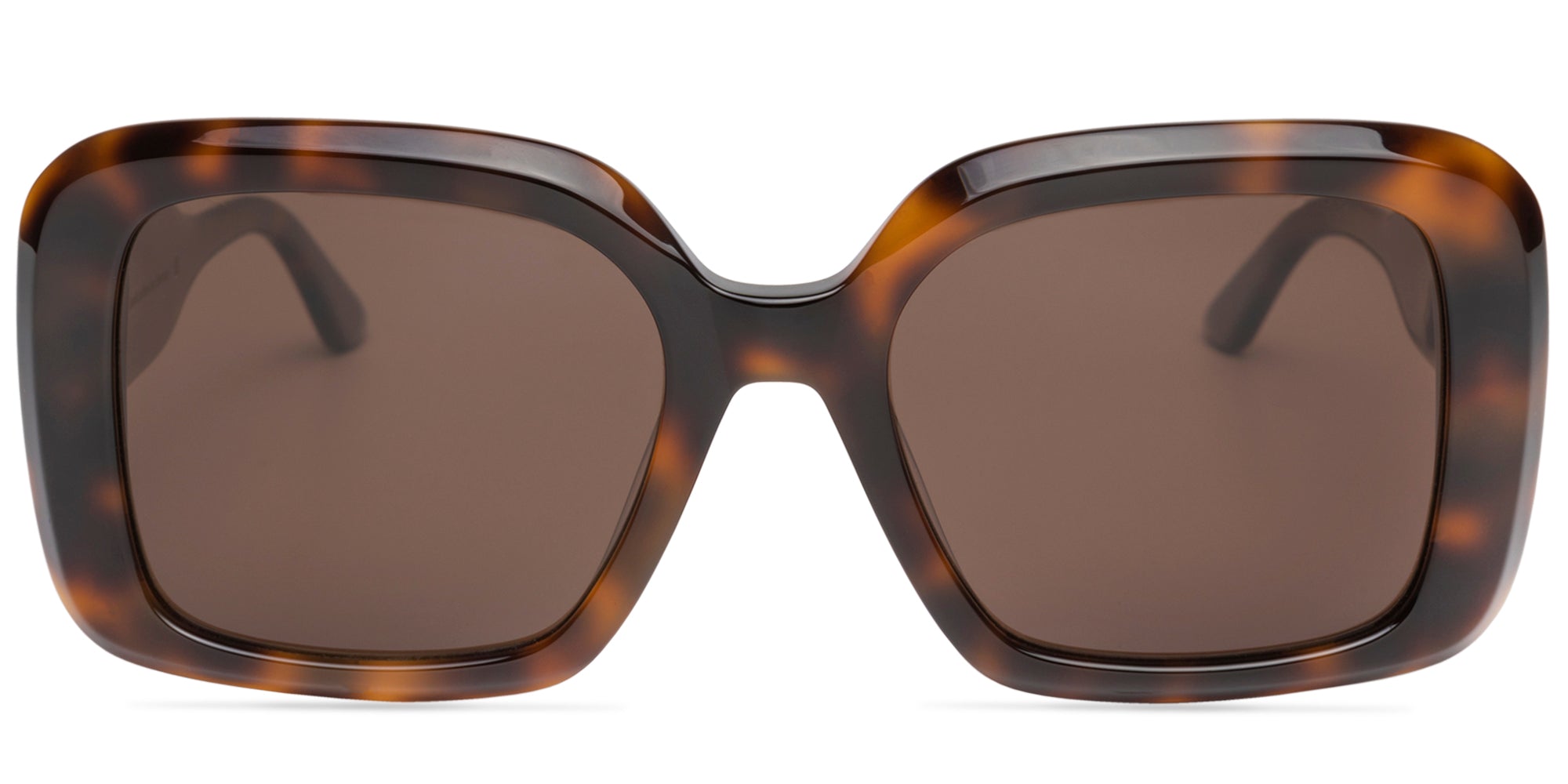 Sunglasses with tortoiseshell frame and dark lenses on a white background