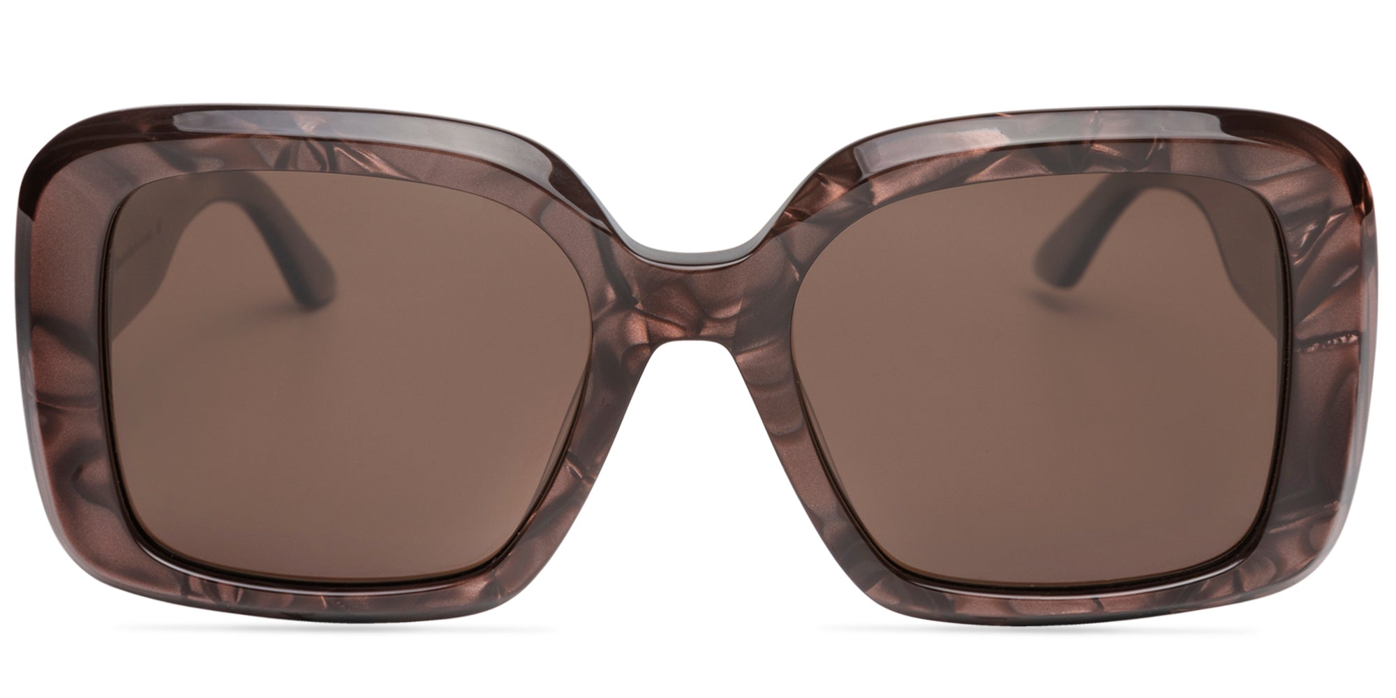 Sunglasses with a tortoiseshell frame and dark lenses on a white background