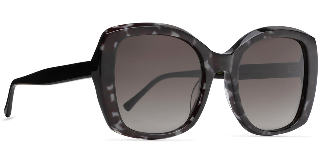 Sunglasses with gray gradient lenses and black frame on a white background front side view