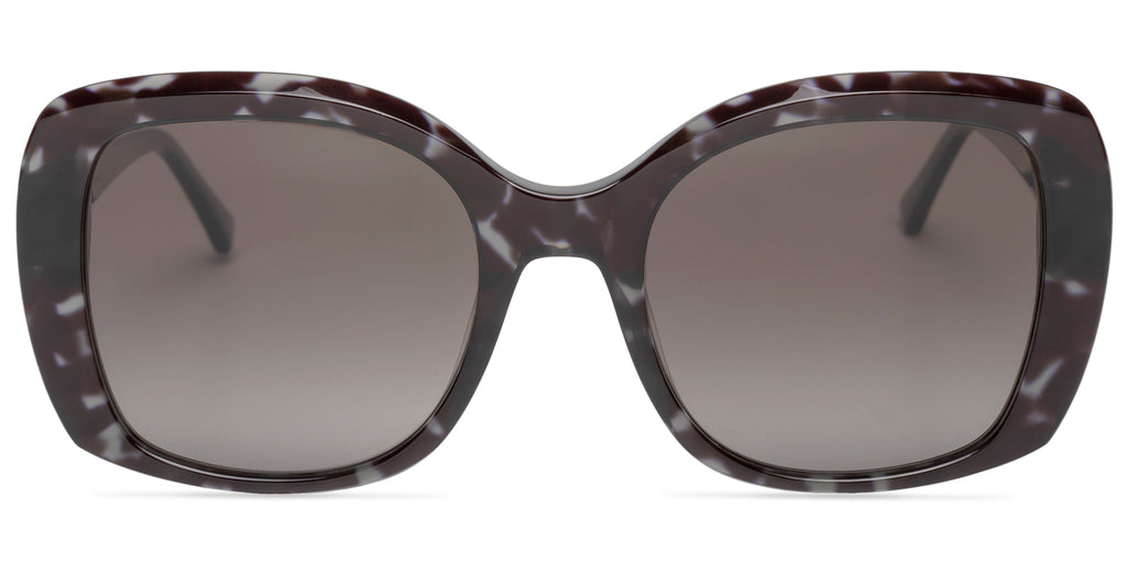 Sunglasses with a gray frame and gradient lenses on a white background