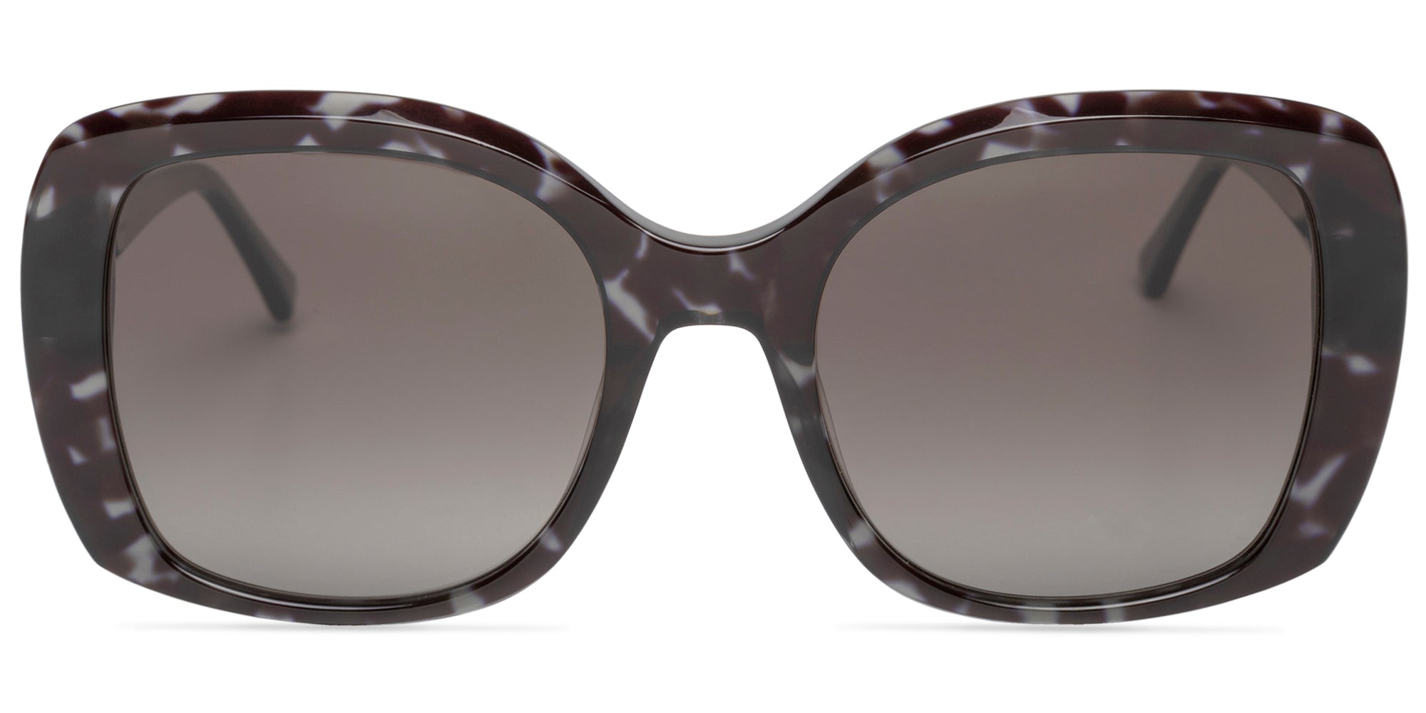 Sunglasses with a gray frame and gradient lenses on a white background