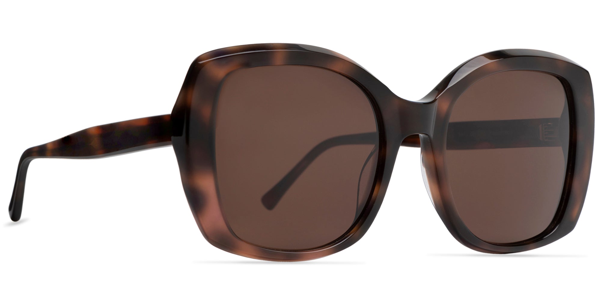 Sunglasses with tortoiseshell frame and dark lenses on a white background front side view