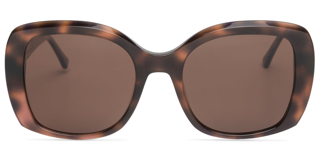 Sunglasses with tortoiseshell frame and dark lenses on a white background
