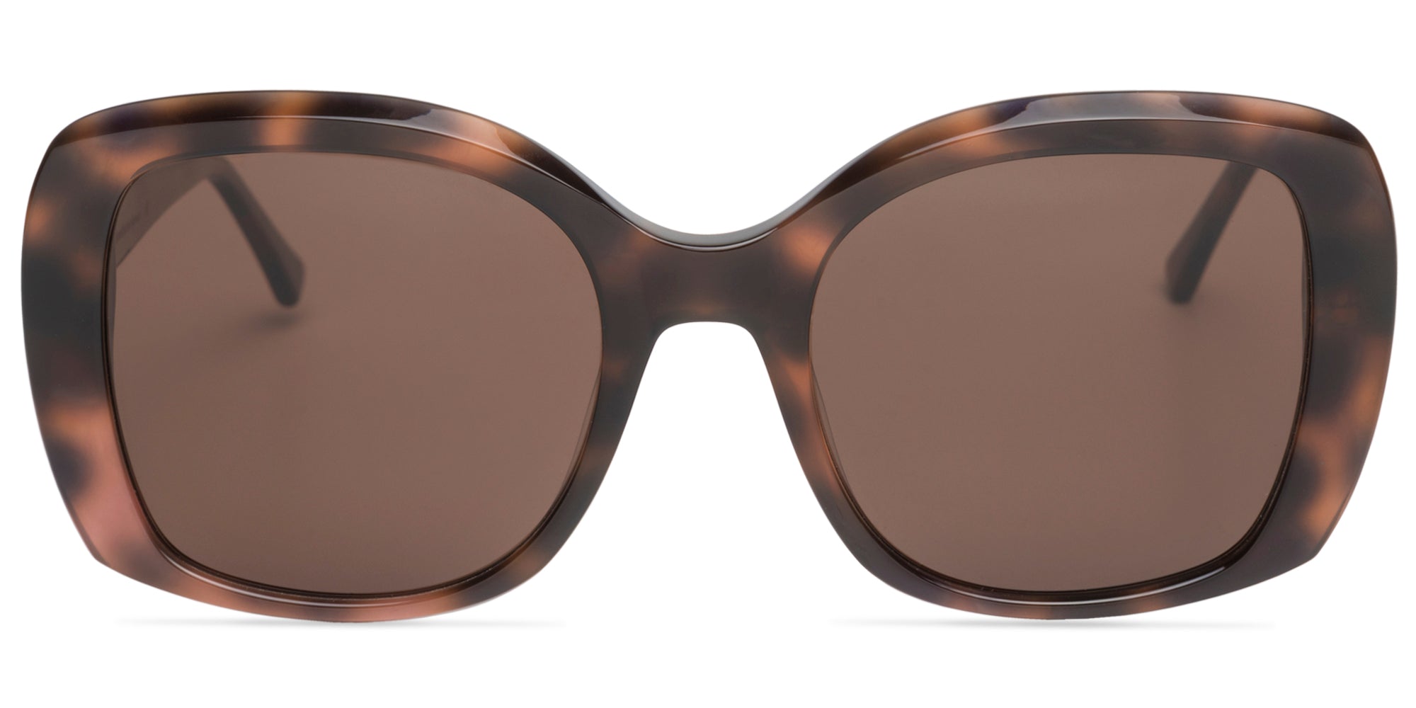 Sunglasses with tortoiseshell frame and dark lenses on a white background