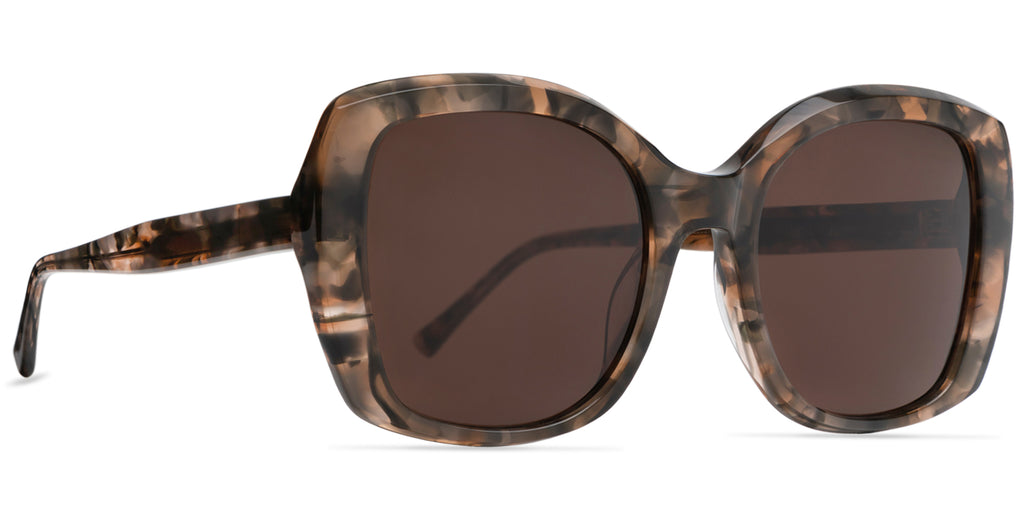 Sunglasses with green tortoiseshell frame and dark lenses on a white background, front side view