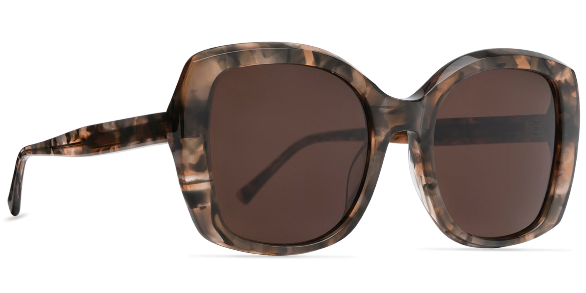 Sunglasses with green tortoiseshell frame and dark lenses on a white background, front side view
