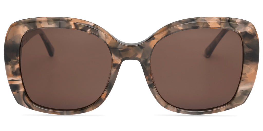 Sunglasses with  green tortoiseshell frame and brown lenses on a white background