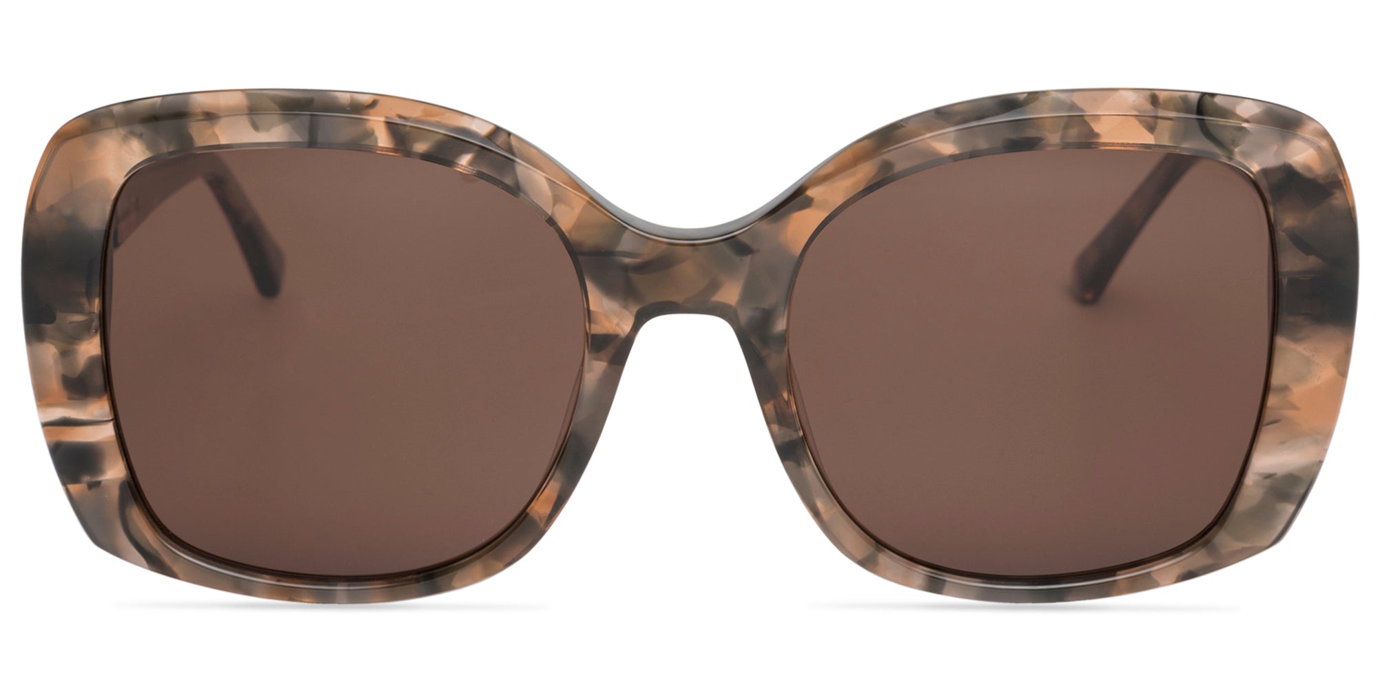 Sunglasses with  green tortoiseshell frame and brown lenses on a white background