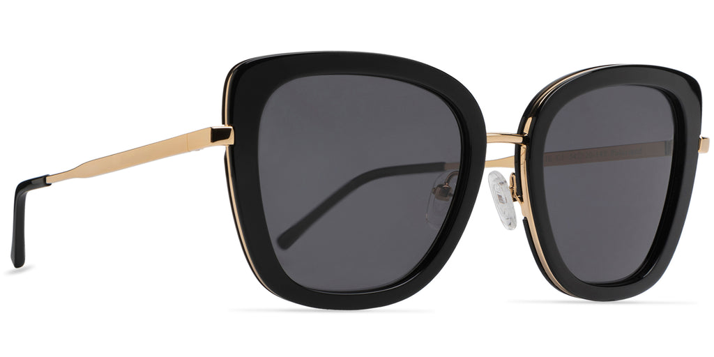 Black sunglasses with gold accents on a white background side and front view