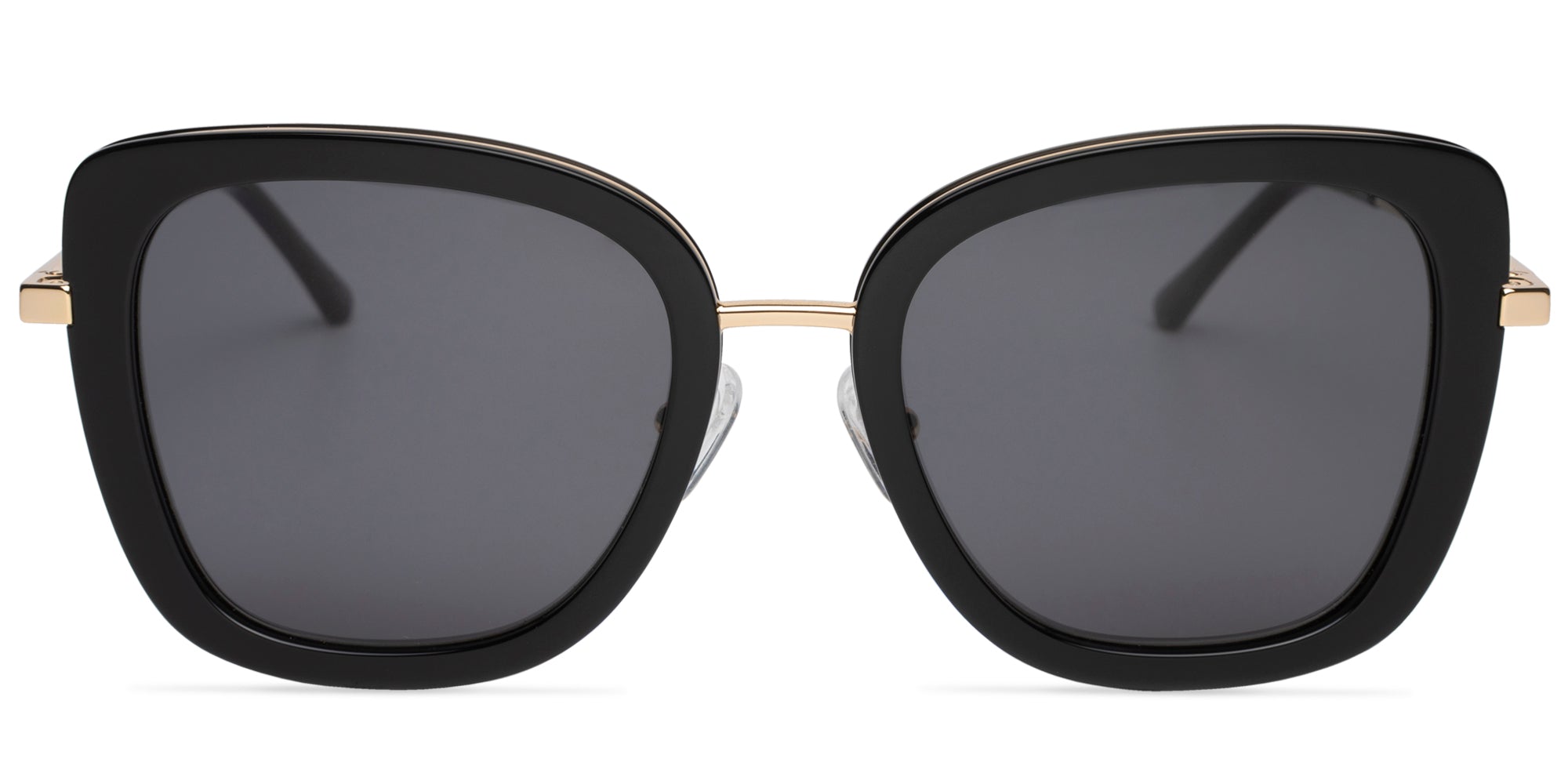 Black sunglasses with gold accents on a white background