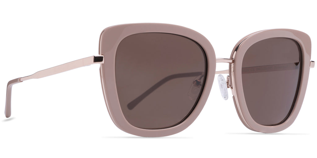 Sunglasses with a beige frame and dark lenses on a white background side and front view