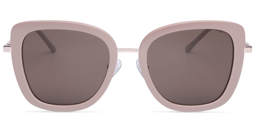 Cat-eye sunglasses with a light pink frame and dark lenses on a white background