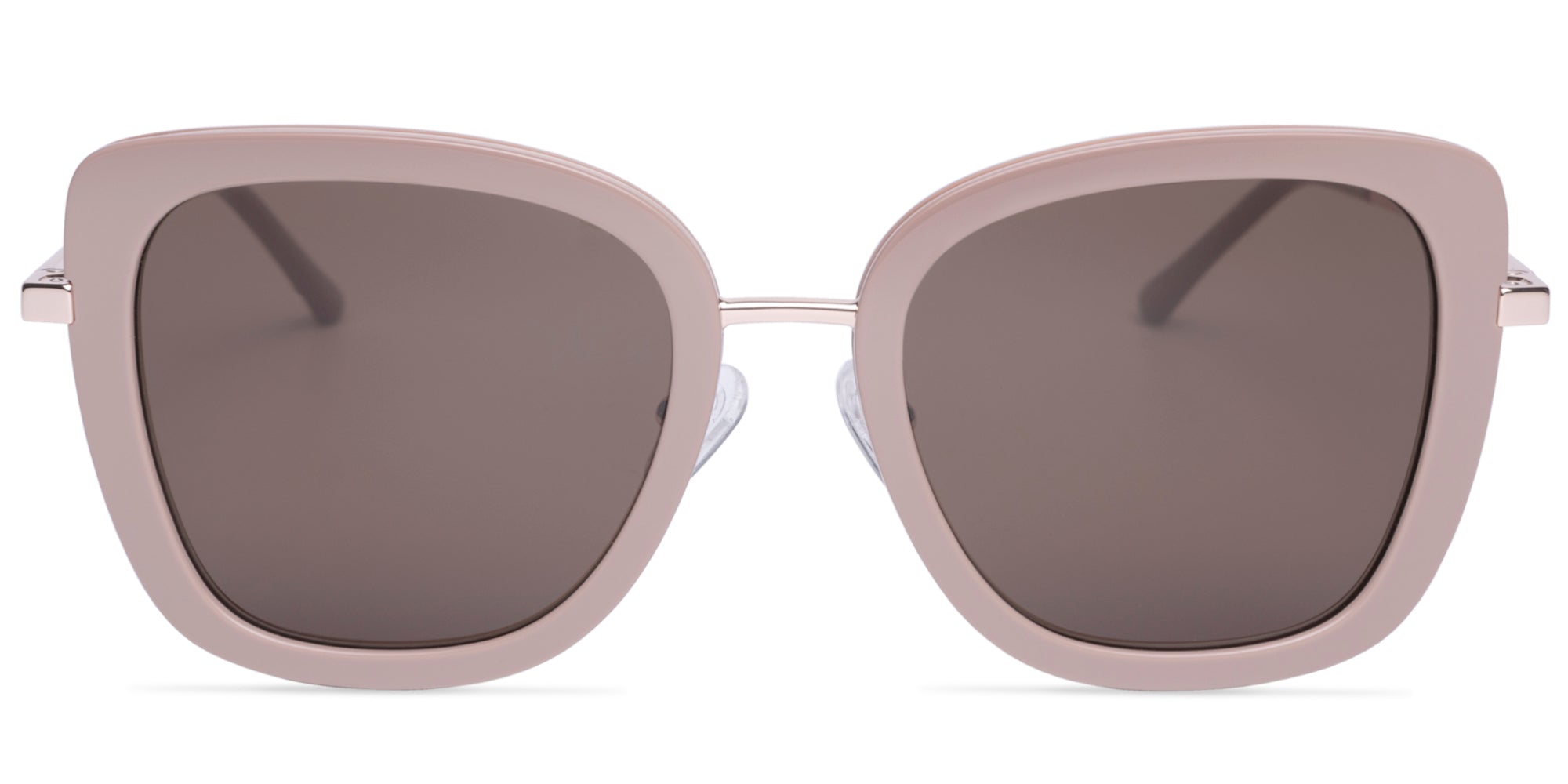 Cat-eye sunglasses with a light pink frame and dark lenses on a white background