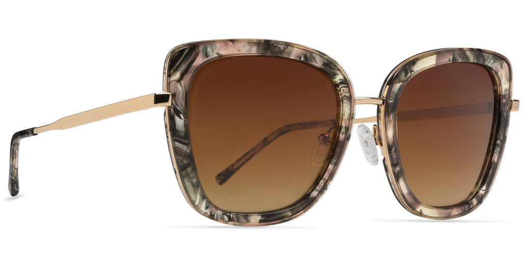 Sunglasses with green and pink tones tortoiseshell frame and brown gradient lenses on a white background side and front view