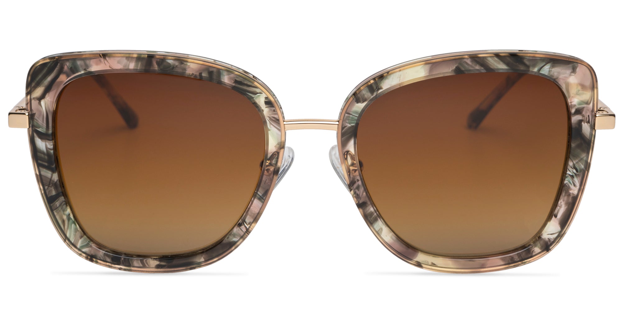 Sunglasses with tortoiseshell green and pink frame and brown lenses on a white background