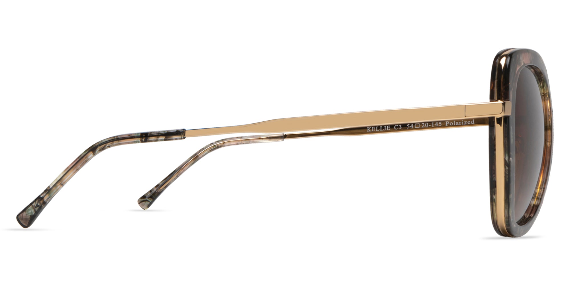 Sunglasses with tortoiseshell frame and dark lenses on a white background (side view)