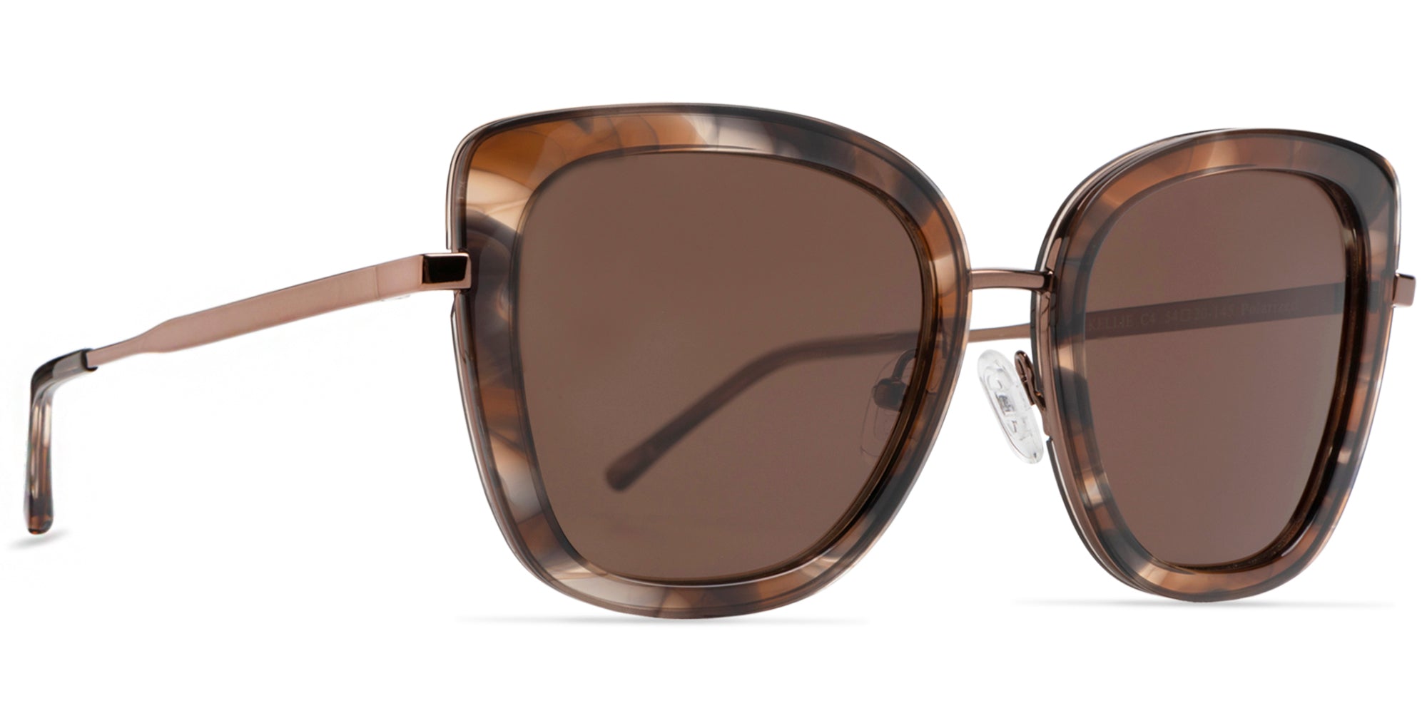 Sunglasses with tortoiseshell frame and brown lenses on a white background side and front view