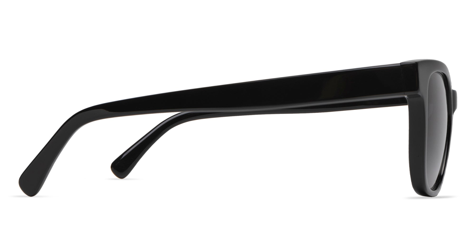 Black sunglasses with a white background (temple view) 