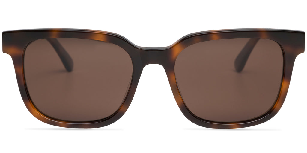 Sunglasses with tortoiseshell frame and dark lenses on a white background