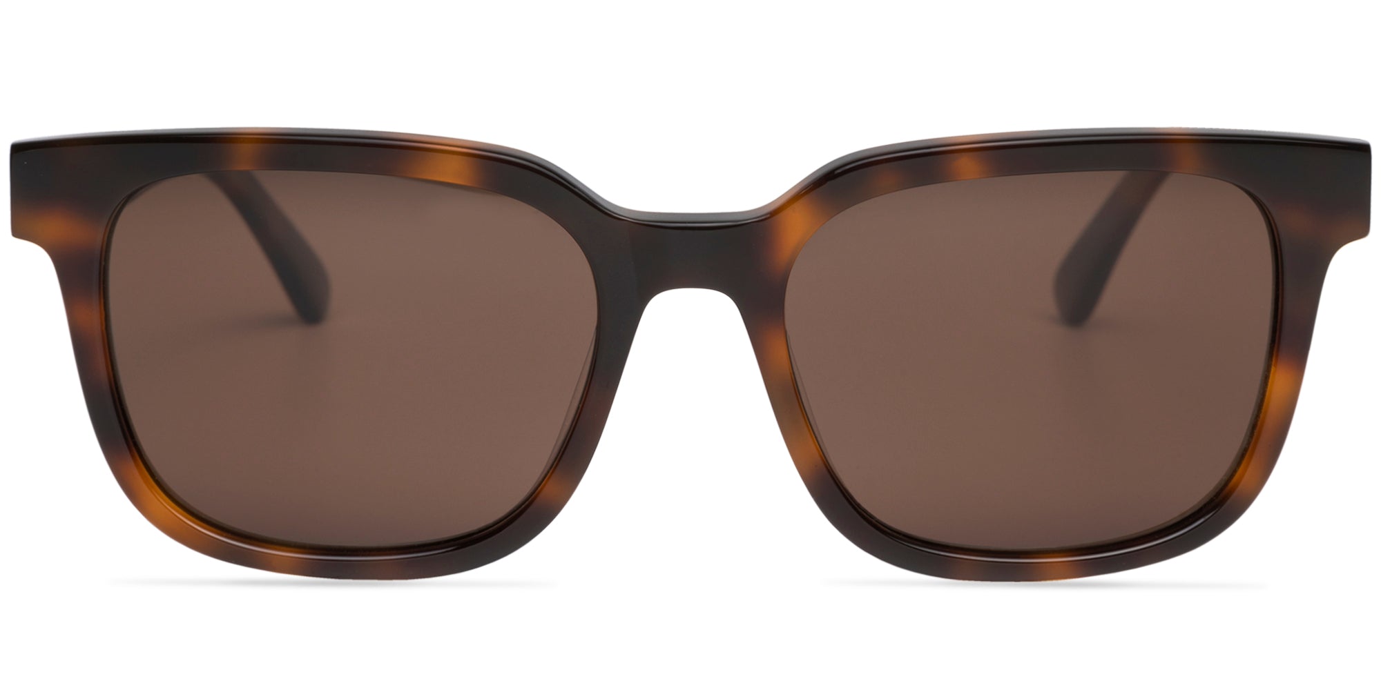 Sunglasses with tortoiseshell frame and dark lenses on a white background