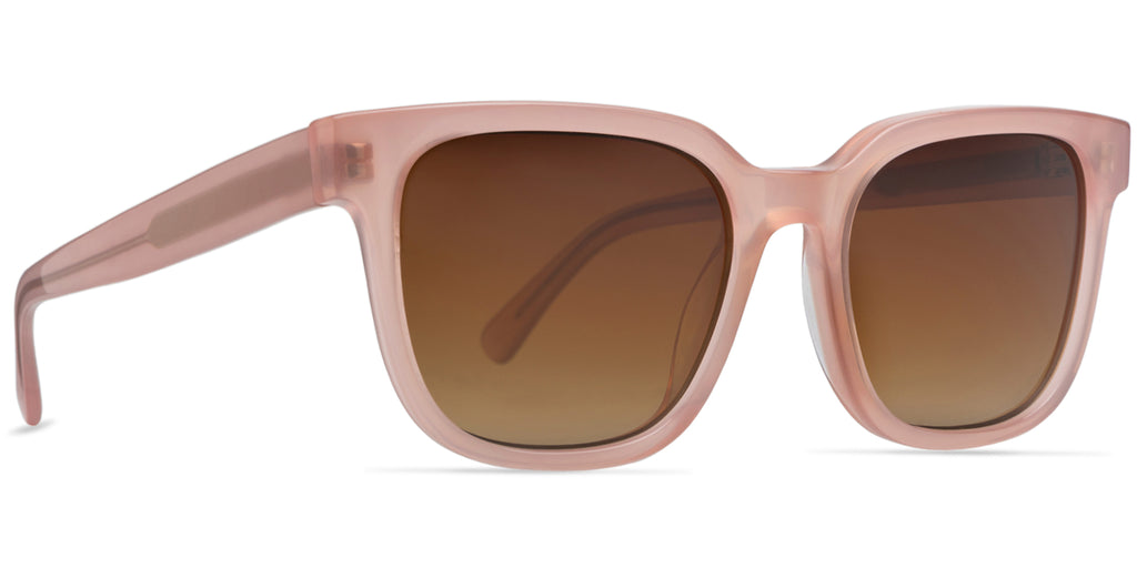Pink sunglasses with brown lenses on a white background (front and temple view)
